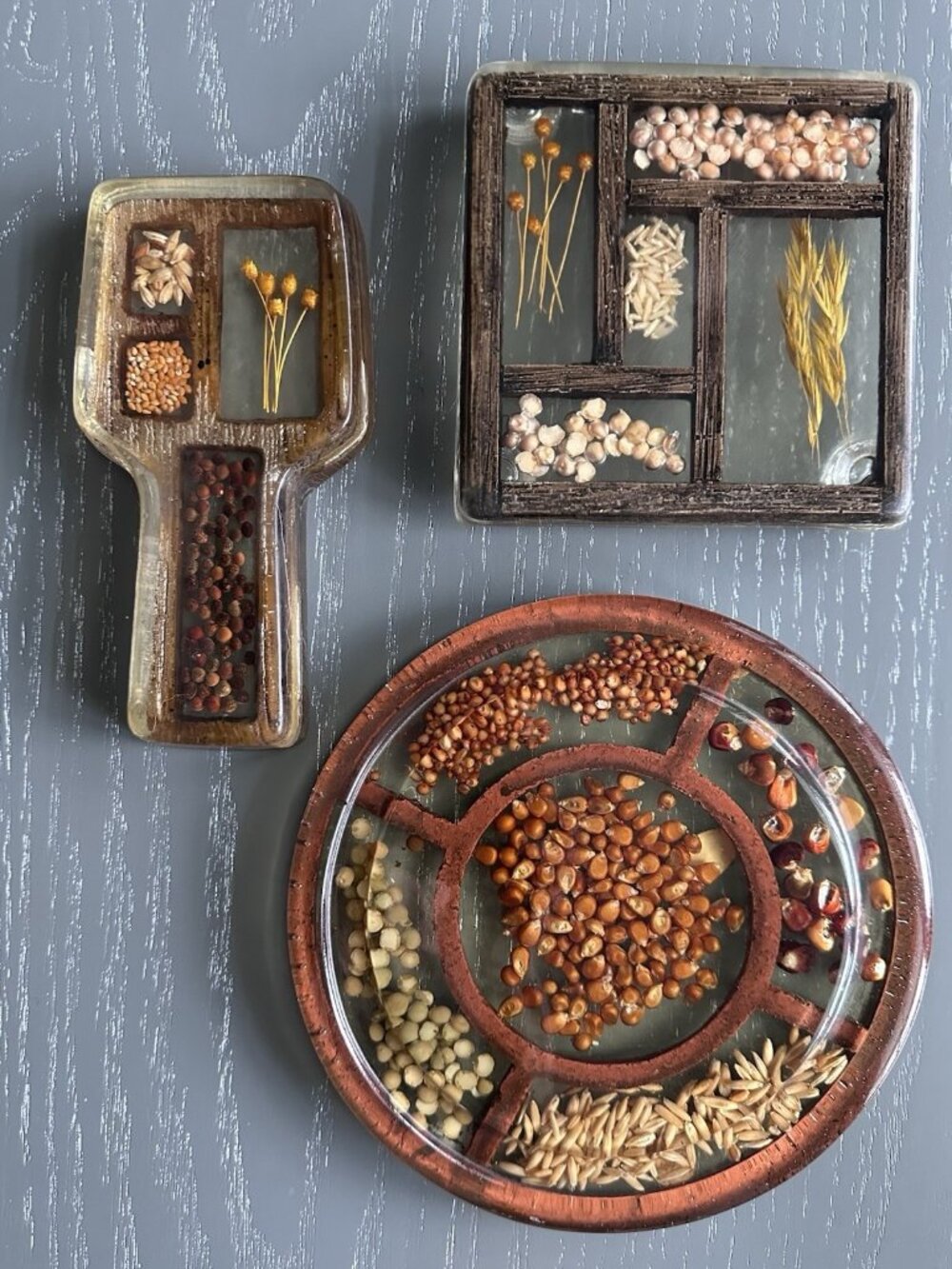 Vtg Gamut Designs Dried Seed And Grains Acrylic Trivets Spoon Rest Set of 3 MCM